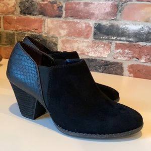 Women’s black, suede & snake print, ankle boots.